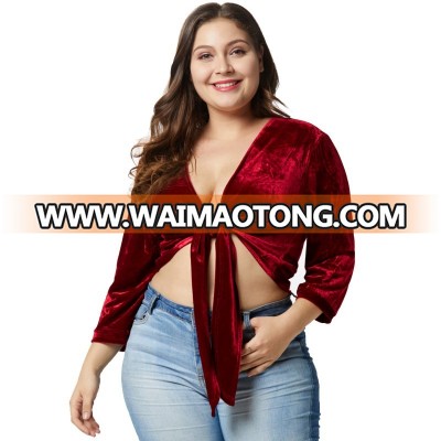 Wine Red Black Plus Size Knot Front Sexy Clubwear Top Tees Long Sleeve Deep V Neck Velvet Fabric Women Blouse Shirt EOS070