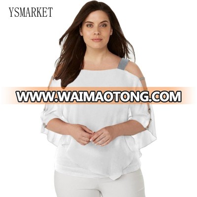 XL-5XL Purple White Black Could Shoulder Rhinestone Embellished Plus Size Top Chiffon Sexy Blouse Shirt Summer Clothing E251463