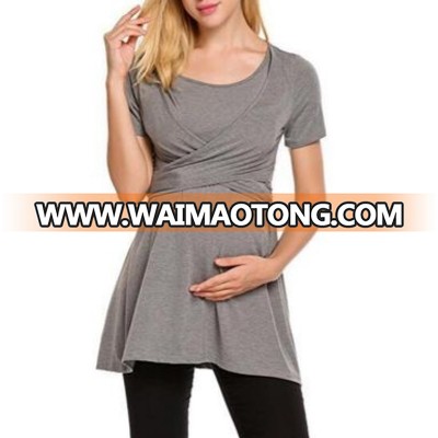 S-3XL Summer Comfortable Soft Nursing Pregnant T-Shirts O-Neck Short Sleeve Bow High Waist Long Tops Tee Plus Size Clothes E1016