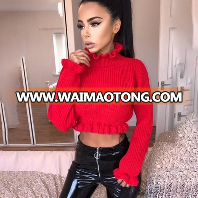 YAMARKET Womens Clothing Ruffles Turtleneck Sweater Autumn Winter Knitted Fashion Sexy Crop Pullover Short Tops Long Sleeve