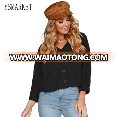 New Arrival Women Blouse Shirt Brown Black Button Down V Neck Chunky Linen Top Full Sleeve Spring Autumn Casual Clothing E251408