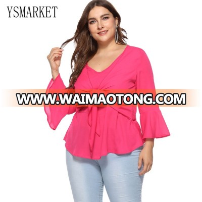 Autumn Plus size Blouse Women Flare Sleeve Shirts Fashion Big Bow Chiffon Tops Long Sleeve V-Neck Sexy Elegant Clothing EOS026