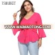 Autumn Plus size Blouse Women Flare Sleeve Shirts Fashion Big Bow Chiffon Tops Long Sleeve V-Neck Sexy Elegant Clothing EOS026